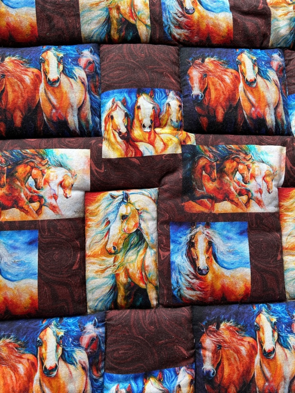Handmade Horse Print Quilted Throw Blanket - Multi-Color